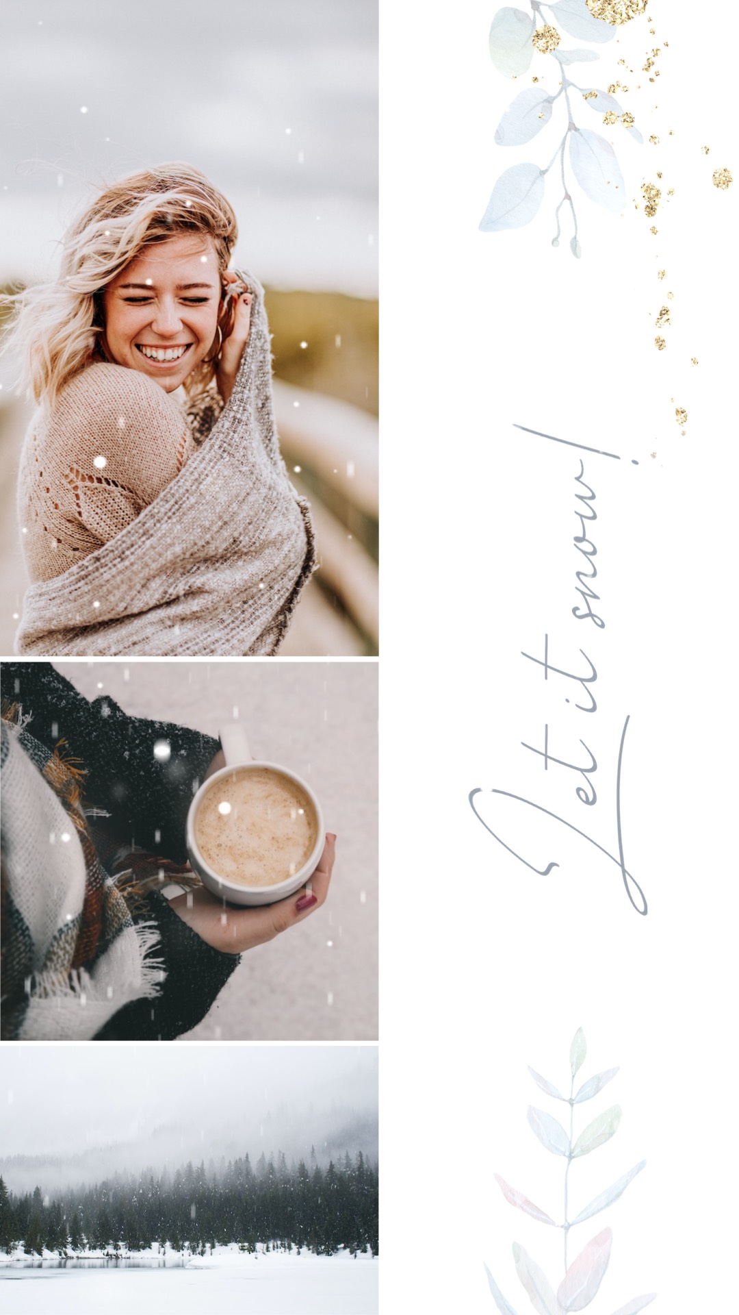 Let it snow! Woman drinking a coffee while it snows Winter Story template