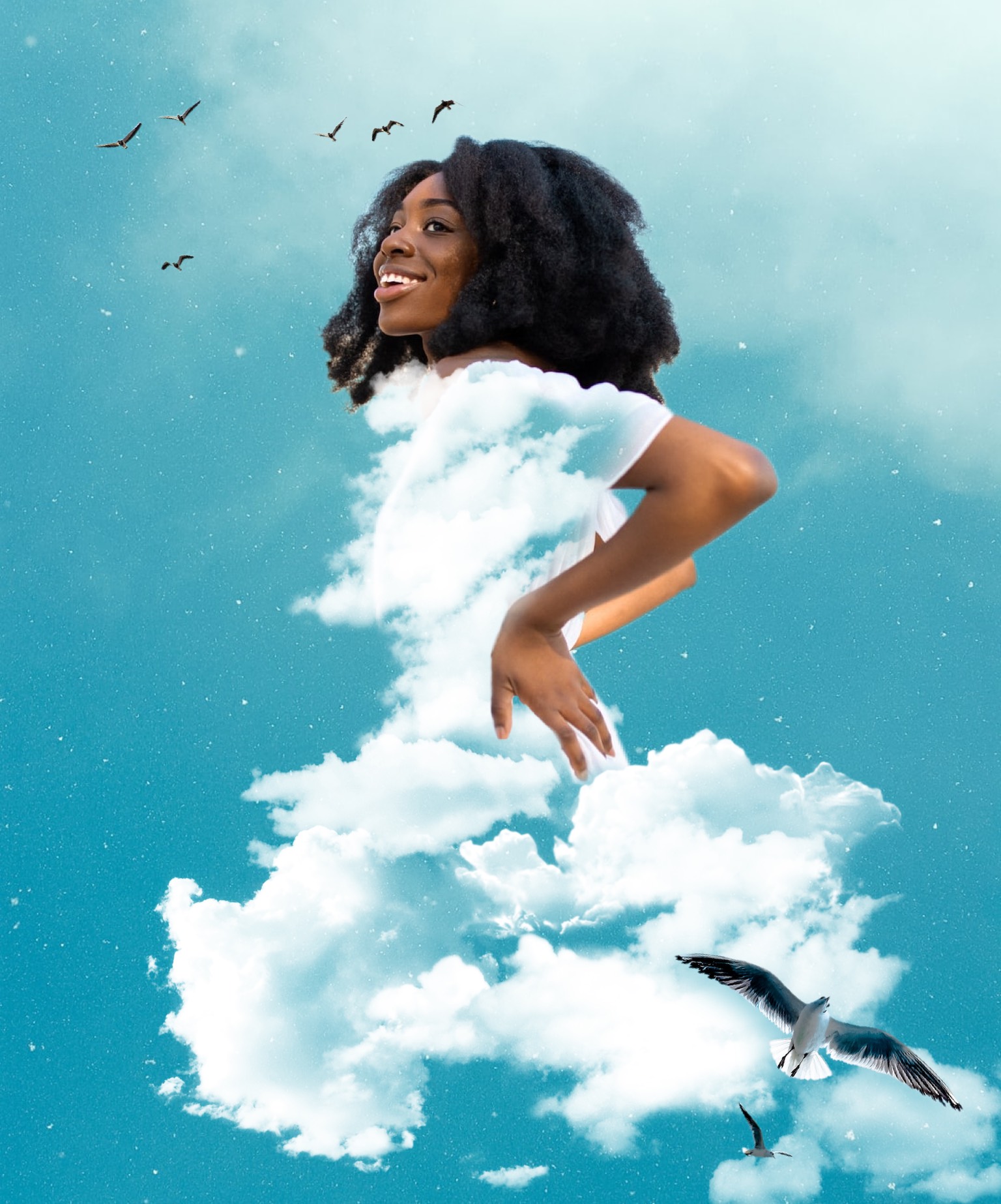 A Woman Floating In The Air With Birds Flying Around Her Collage Art Template