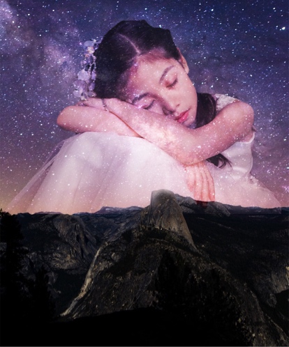 Girl sleeping in space surrounded by mountains collage art template