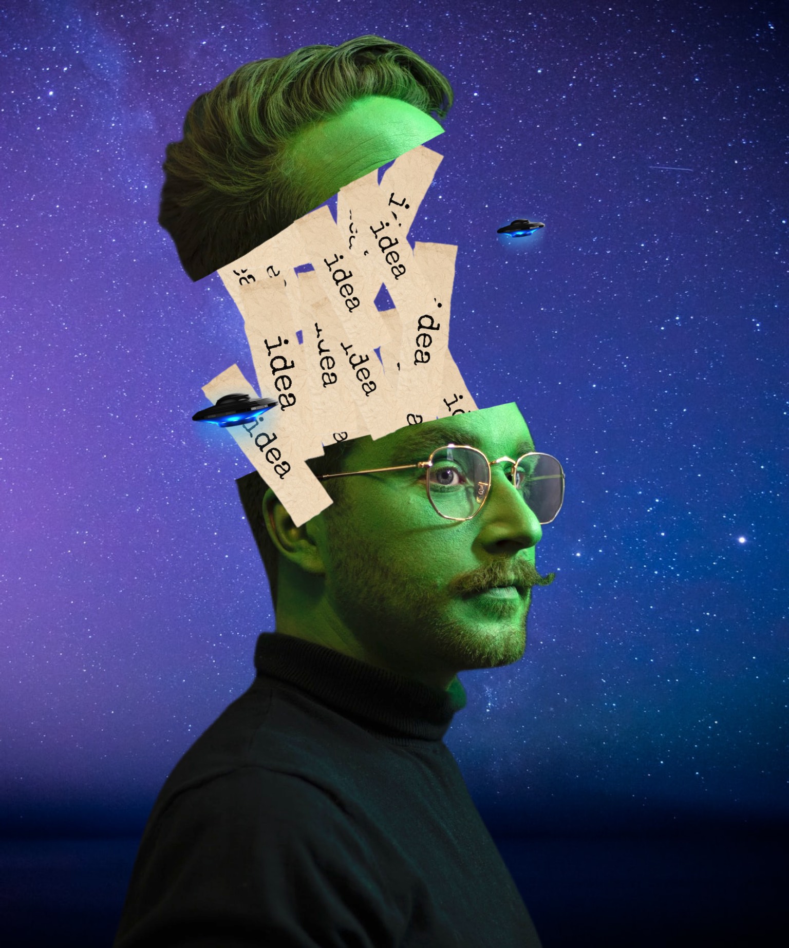 A Man With Glasses And Papers On His Head Collage Art Template