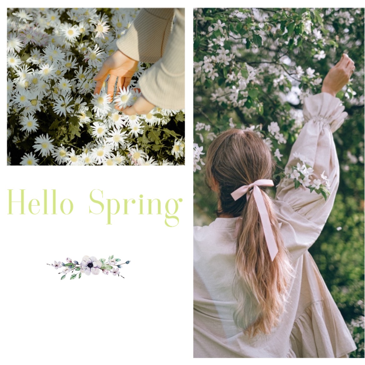 A Collage Of Photos With A Girl In A Dress And Flowers Hello Spring Template