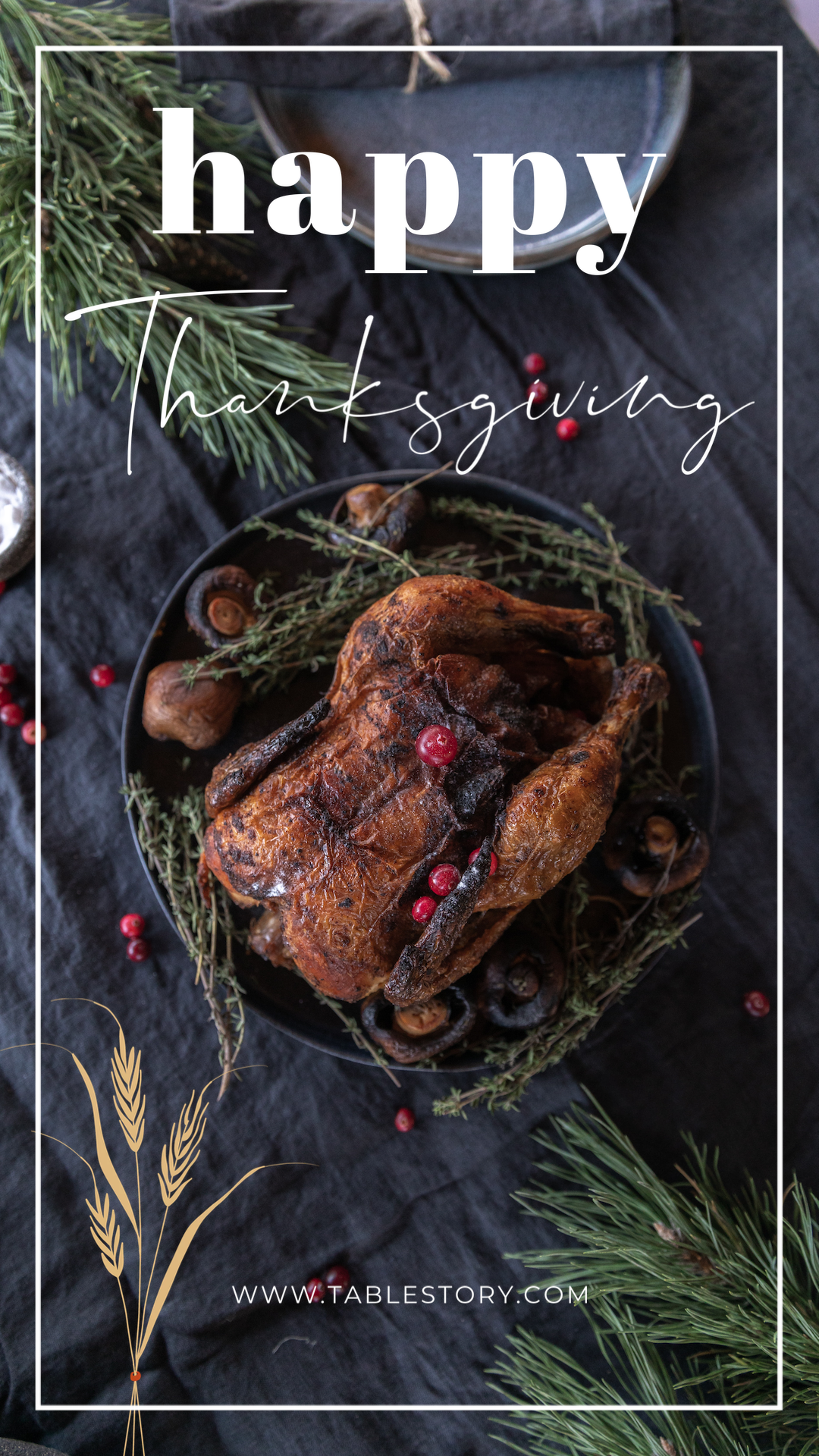 A Roasted Turkey In A Bowl On A Table With Pine Branches And Berries Thanksgiving Template