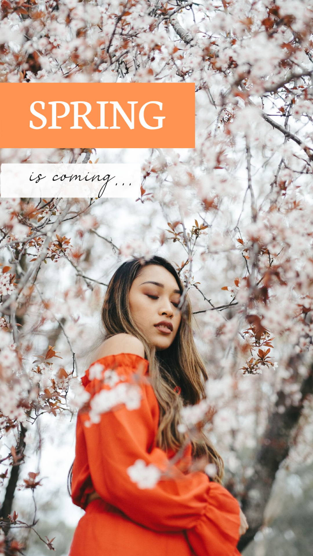 A Woman In An Orange Dress Standing Under A Tree Spring Story Template