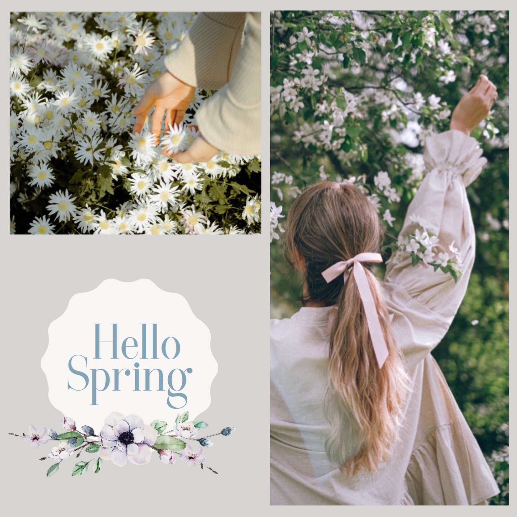A Collage Of Photos With A Girl In A Dress And Flowers Hello Spring Template