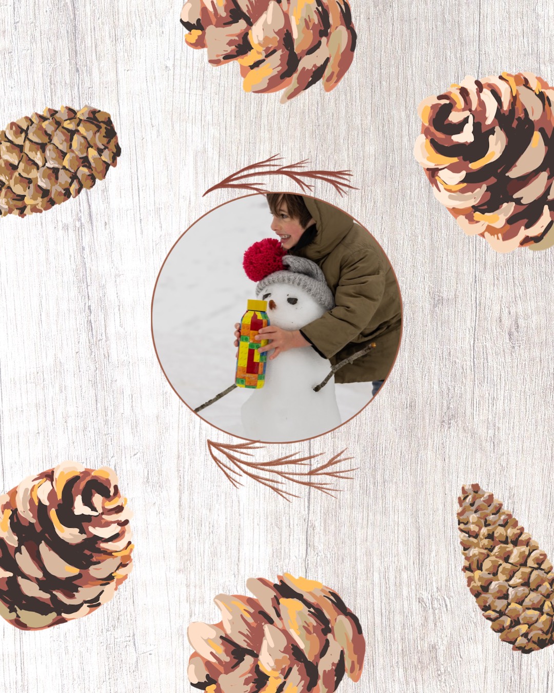 A Person Holding A Stuffed Animal In Front Of Pine Cones Winter Wonderland Template