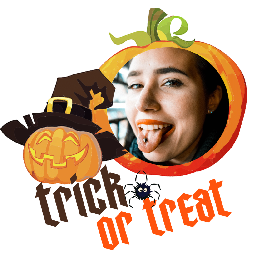 A Woman Sticking Out Her Tongue In Front Of A Trick Or Treat Sign Halloween Stickers Template