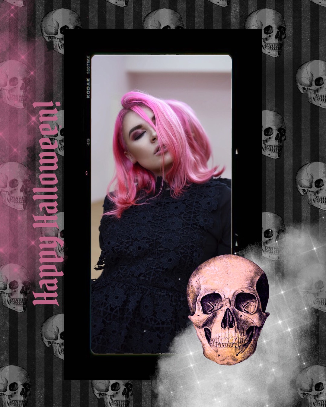 A Woman With Pink Hair Standing Next To A Skull Halloween Template