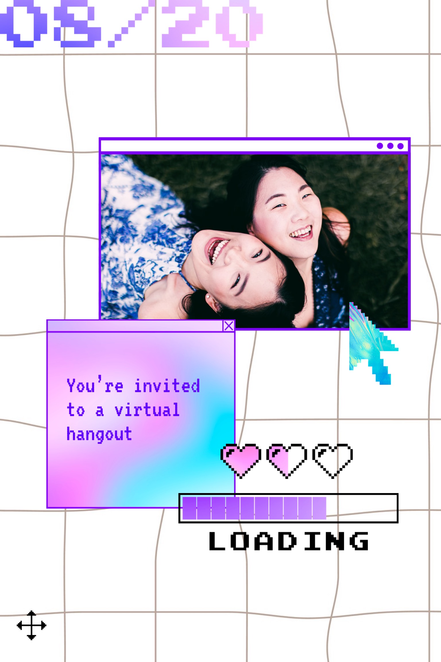 Virtual hangout man and woman laughing computer style invitation template