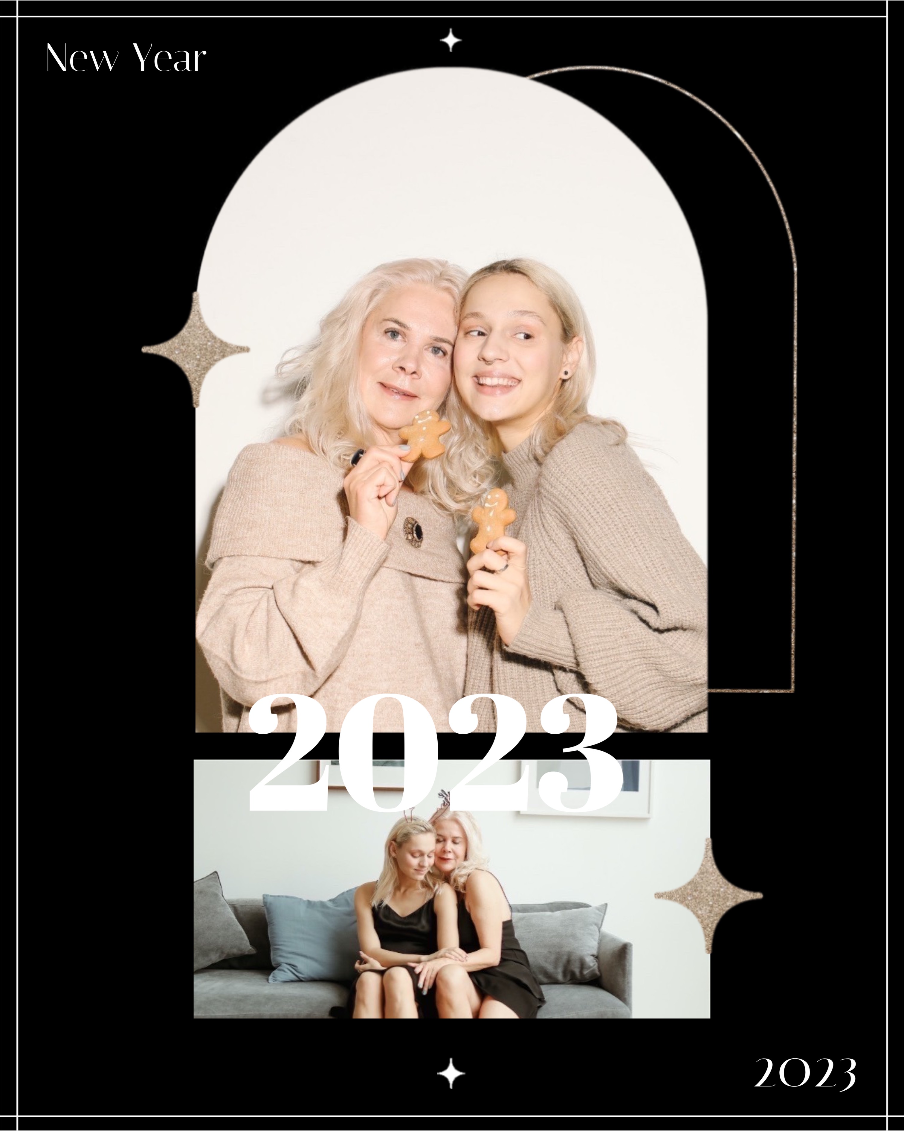 A Couple Of Women Sitting Next To Each Other Happy New Year Template