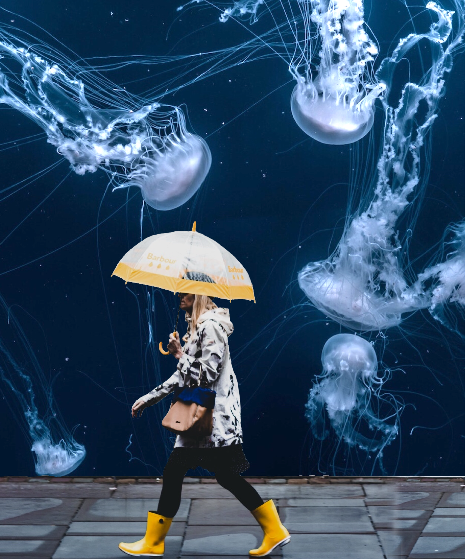 Woman walking with an umbrella and jelly fish collage art template