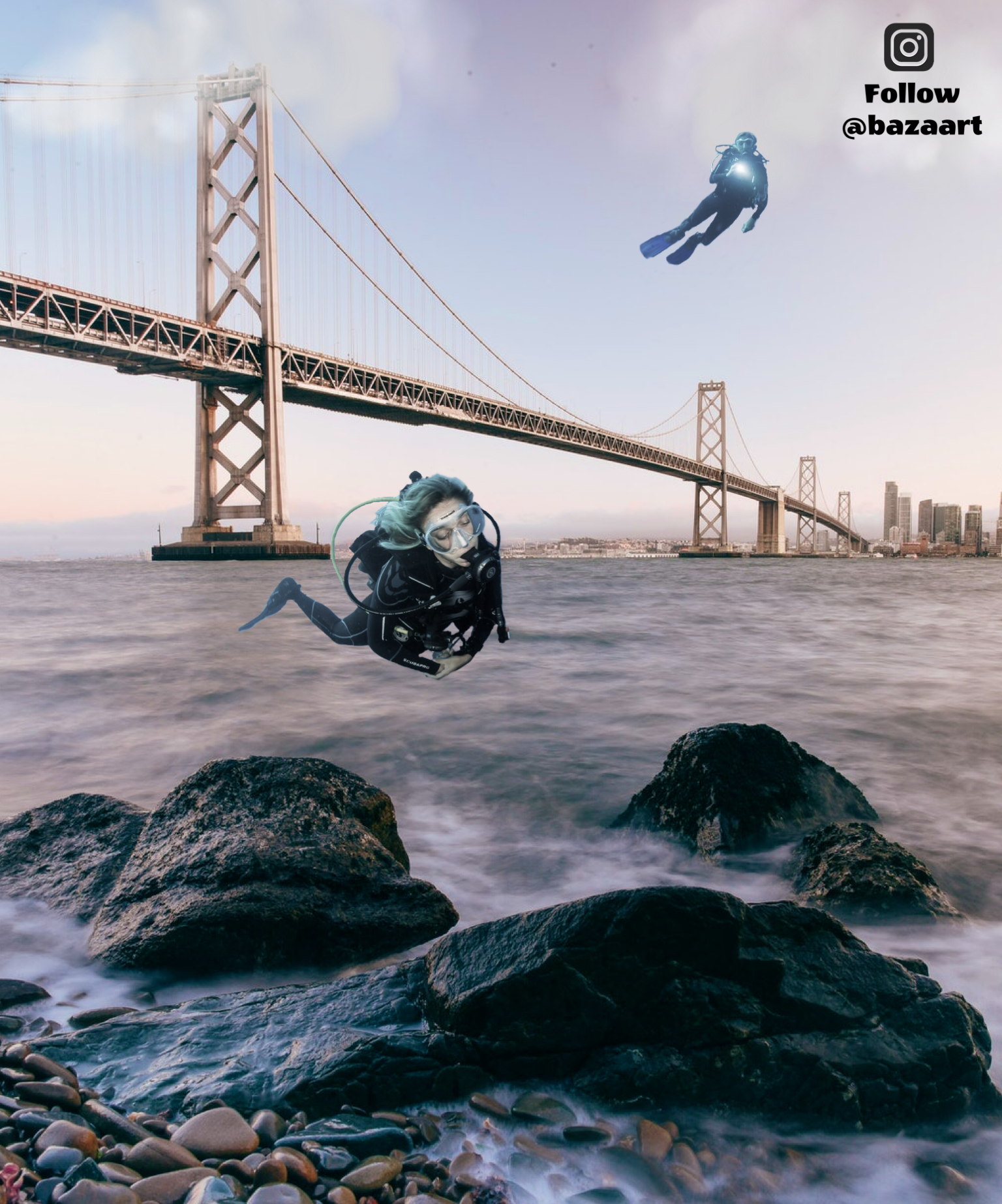 Divers flying in the sky next to a bridge collage art template