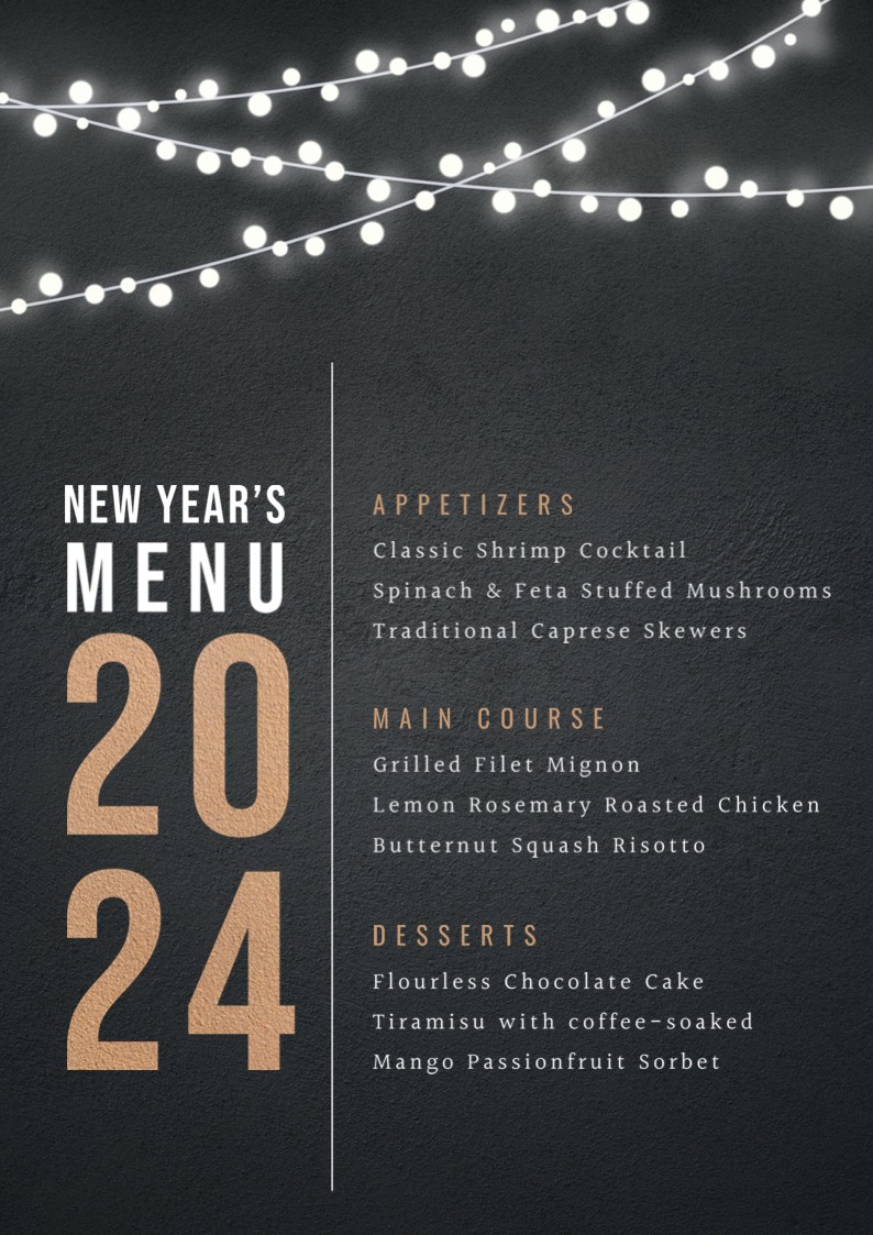 black elegant lights new year dinner menu template 