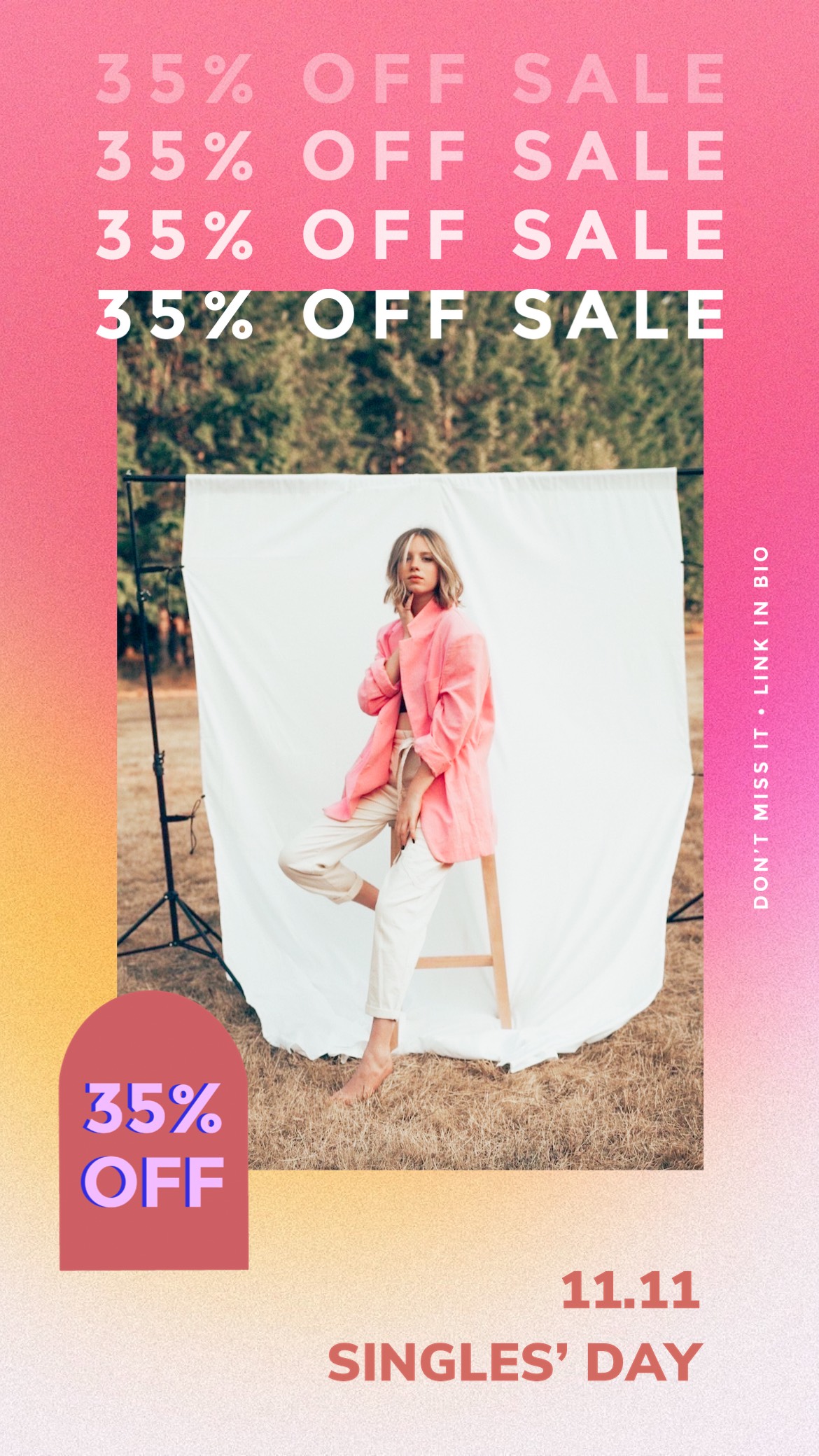 Woman modeling singles' day pink sale brochure template