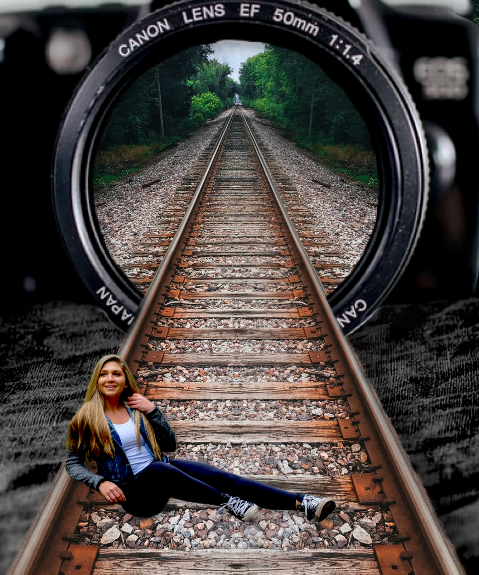 A Woman Sitting On A Train Track With A Camera In Front Of Her Collage Art Template