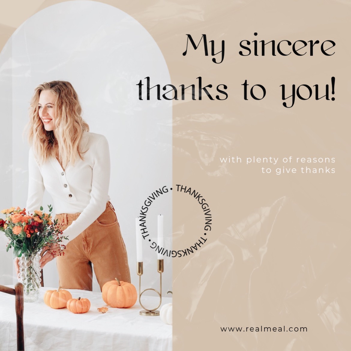 A Woman Standing In Front Of A Table With Pumpkins Thanksgiving Template