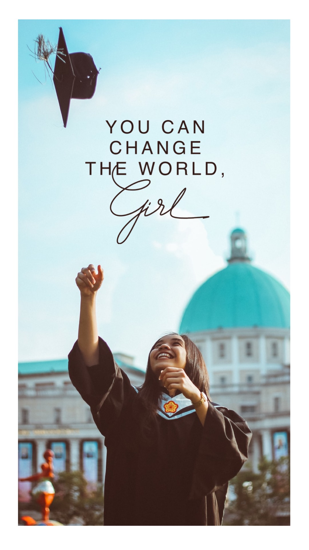 A Woman In A Graduation Cap And Gown Holds Her Hand Up In The Air Women S Day Template