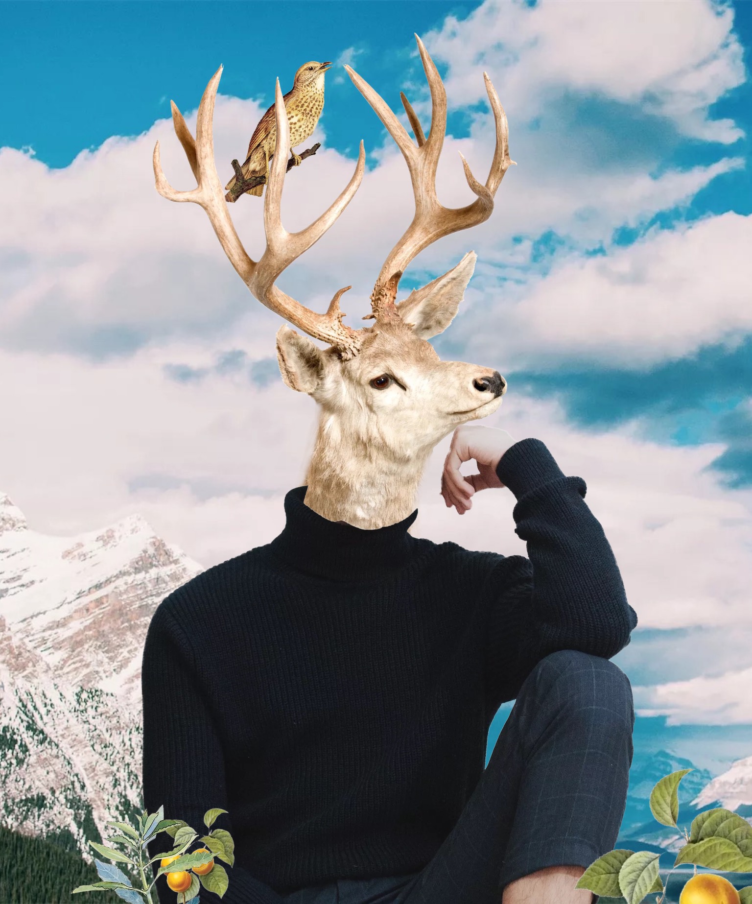 Male posing deer head collage art template