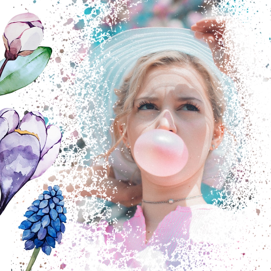 A Woman Blowing A Bubble With Flowers Around Her Hello Spring Template