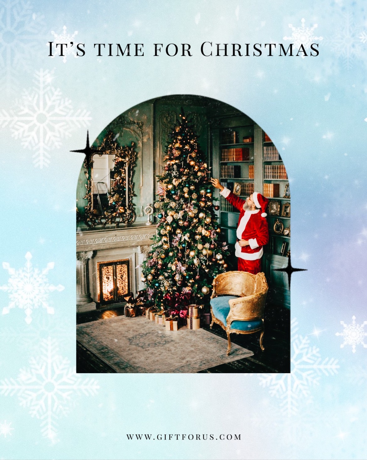It's time for christmas! Santa claus decorating the christmas tree merry christmas template