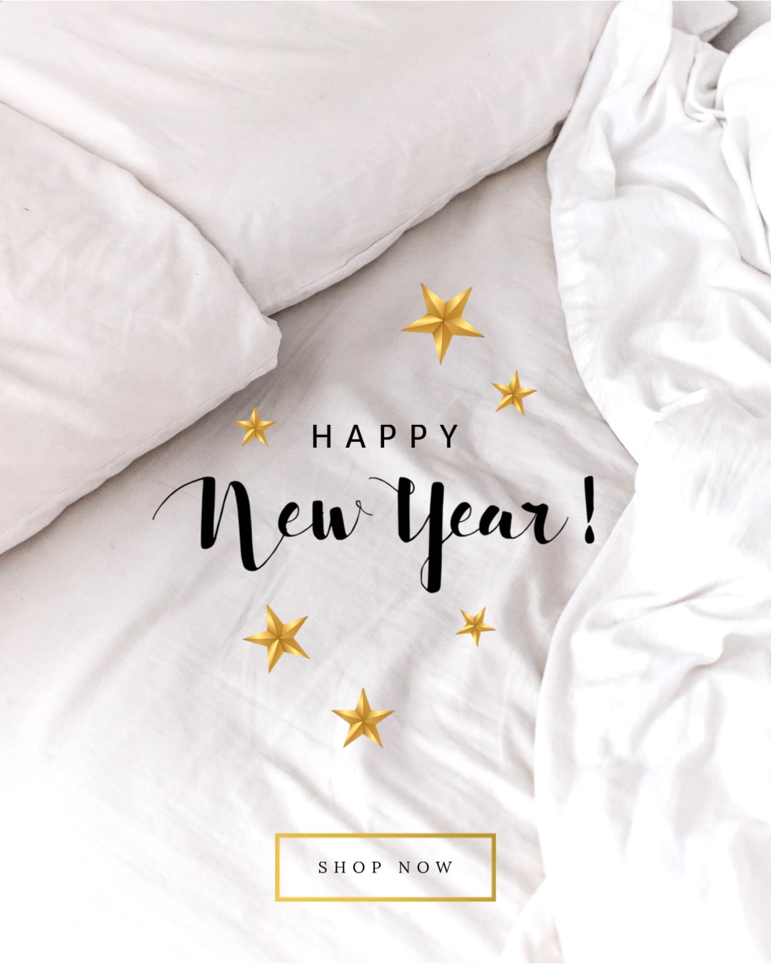 A White Bed With Gold Stars On It And The Words Happy New Year Happy New Year Template