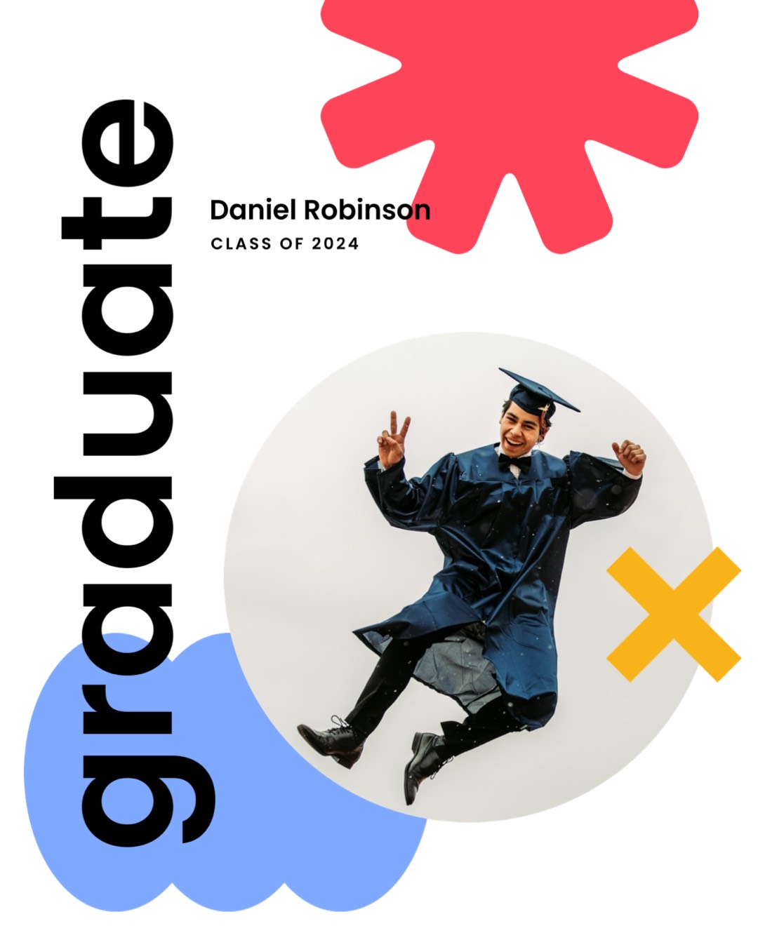 a photo of a student and bold graphic shapes graduation template 