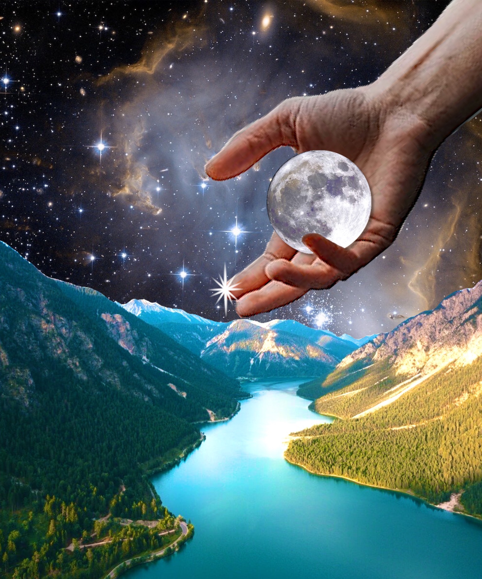 A Hand Holding A Crystal Ball Over A Lake Collage Art Template