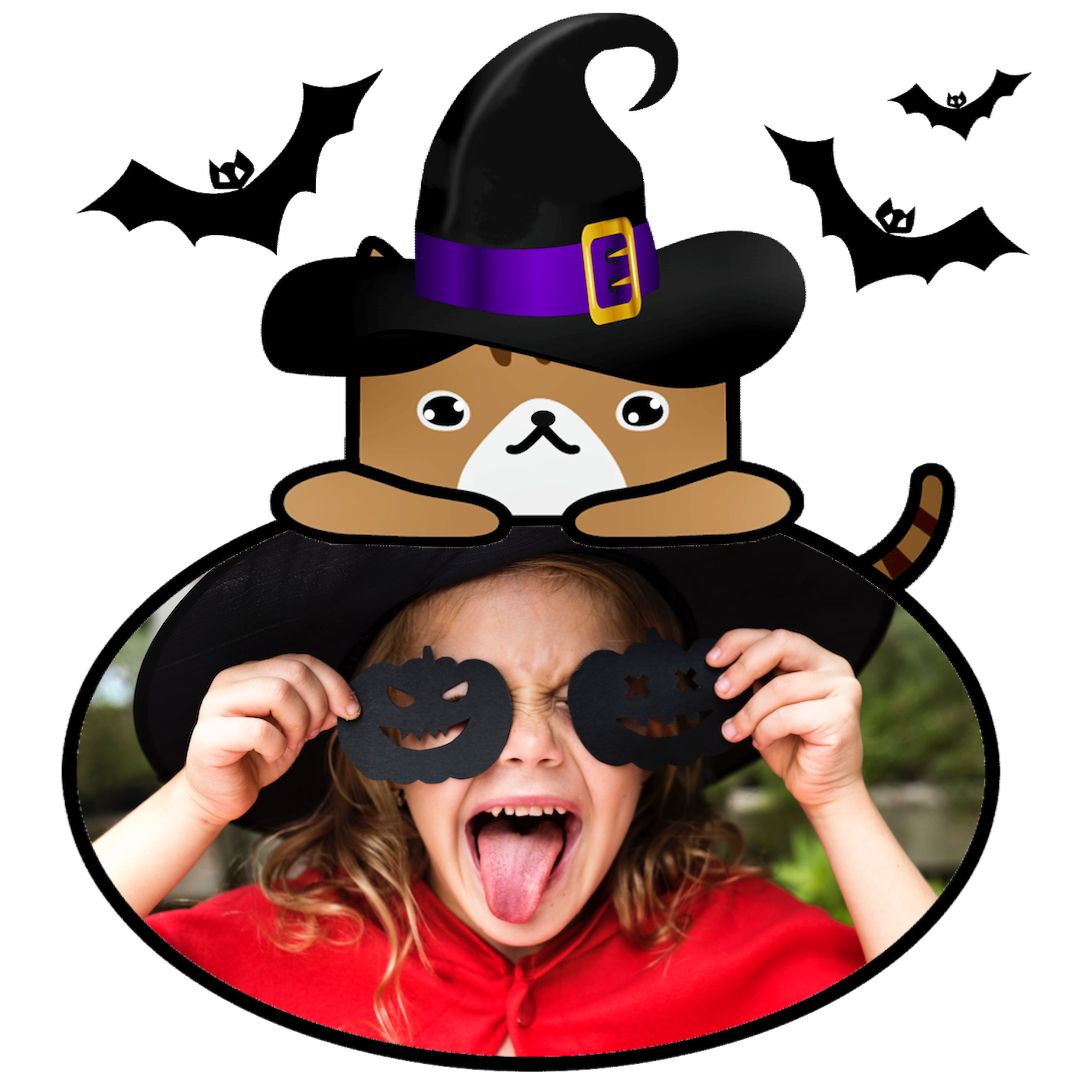 A Little Girl Wearing A Witches Hat And Holding Up A Sign Halloween Stickers Template