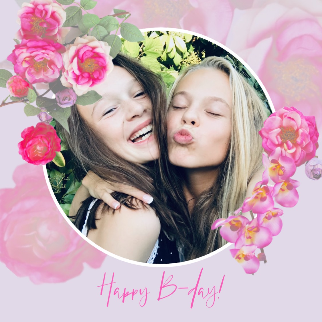 Two girls smiling happy b-day with pink flowers Facebook post template