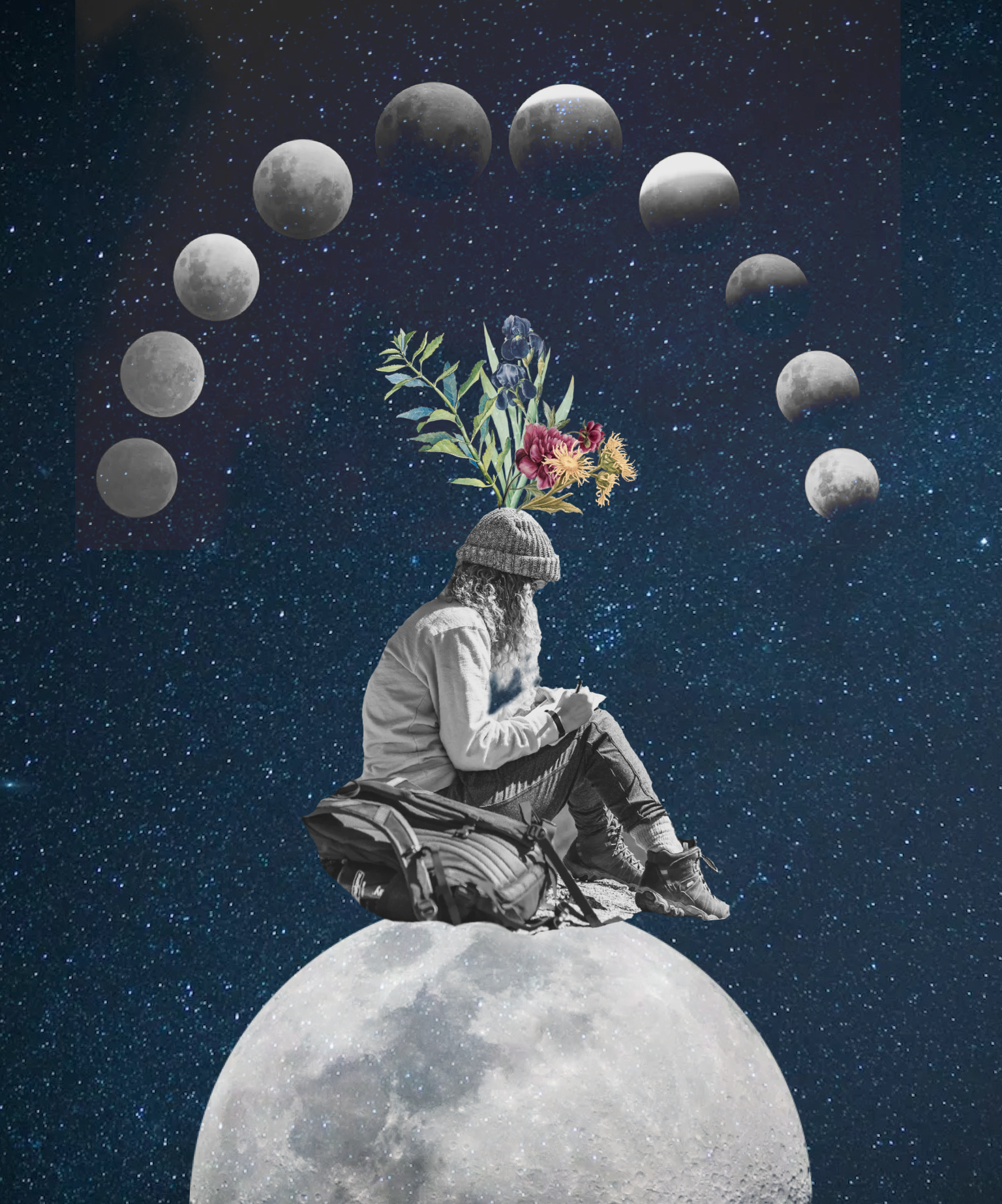 A Man Sitting On The Moon With A Bunch Of Flowers On His Head Template