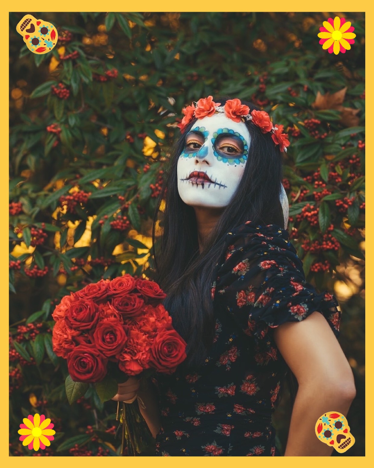 A Woman With Makeup And Flowers In Her Hair Day Of The Dead Template