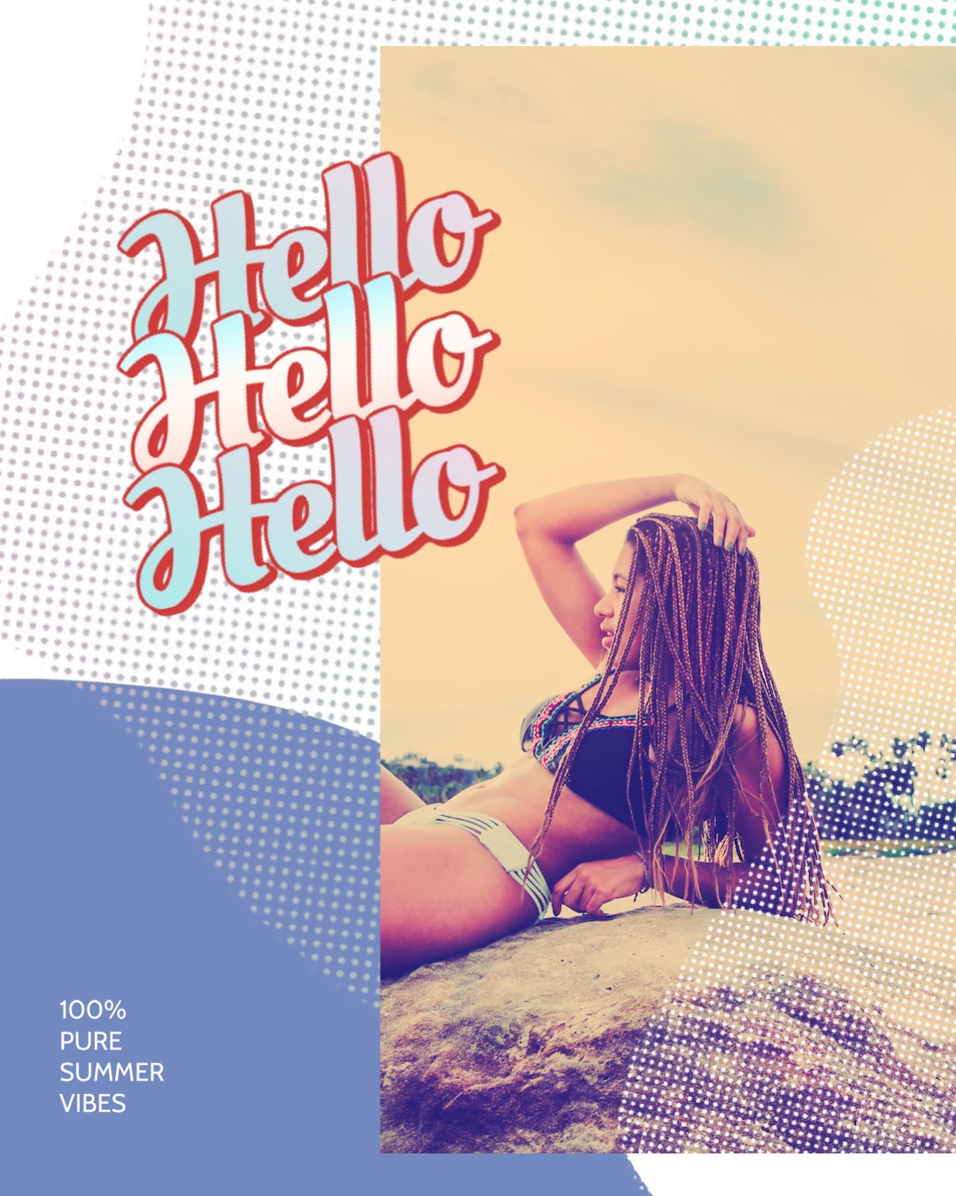 Hello Hello! Woman at the beach retro summer template