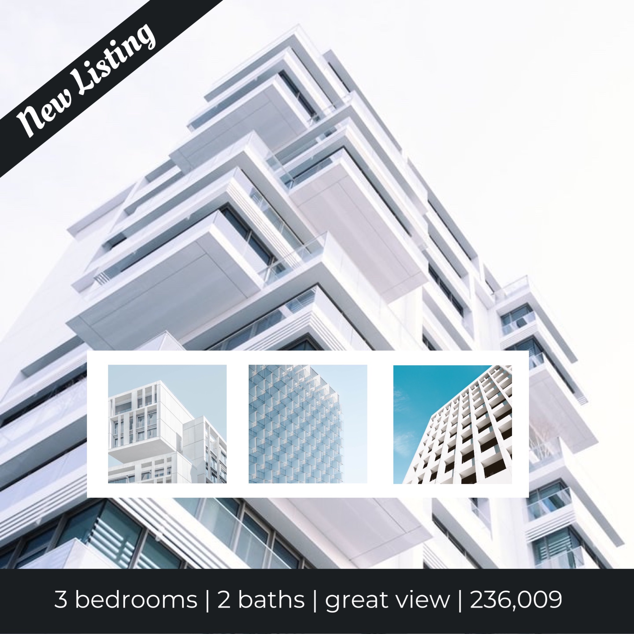 A Picture Of A High Rise Building With The Words New Listing Below It Real Estate Template