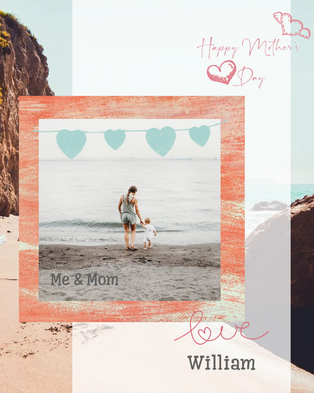 Mother And Child At The Beach Cute Mother'S Day Card Template