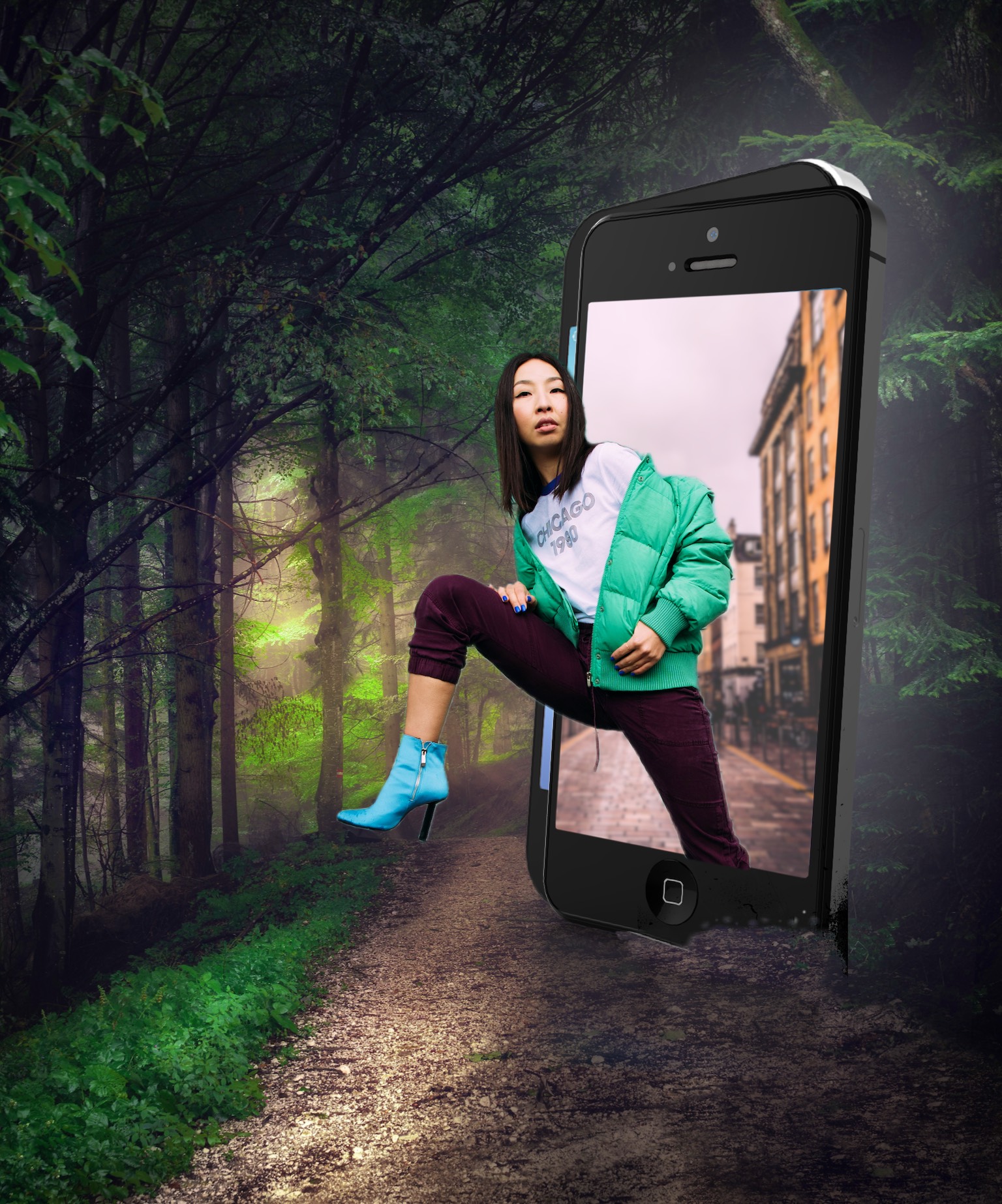 A Woman In A Green Jacket Is Holding A Cell Phone Collage Art Template