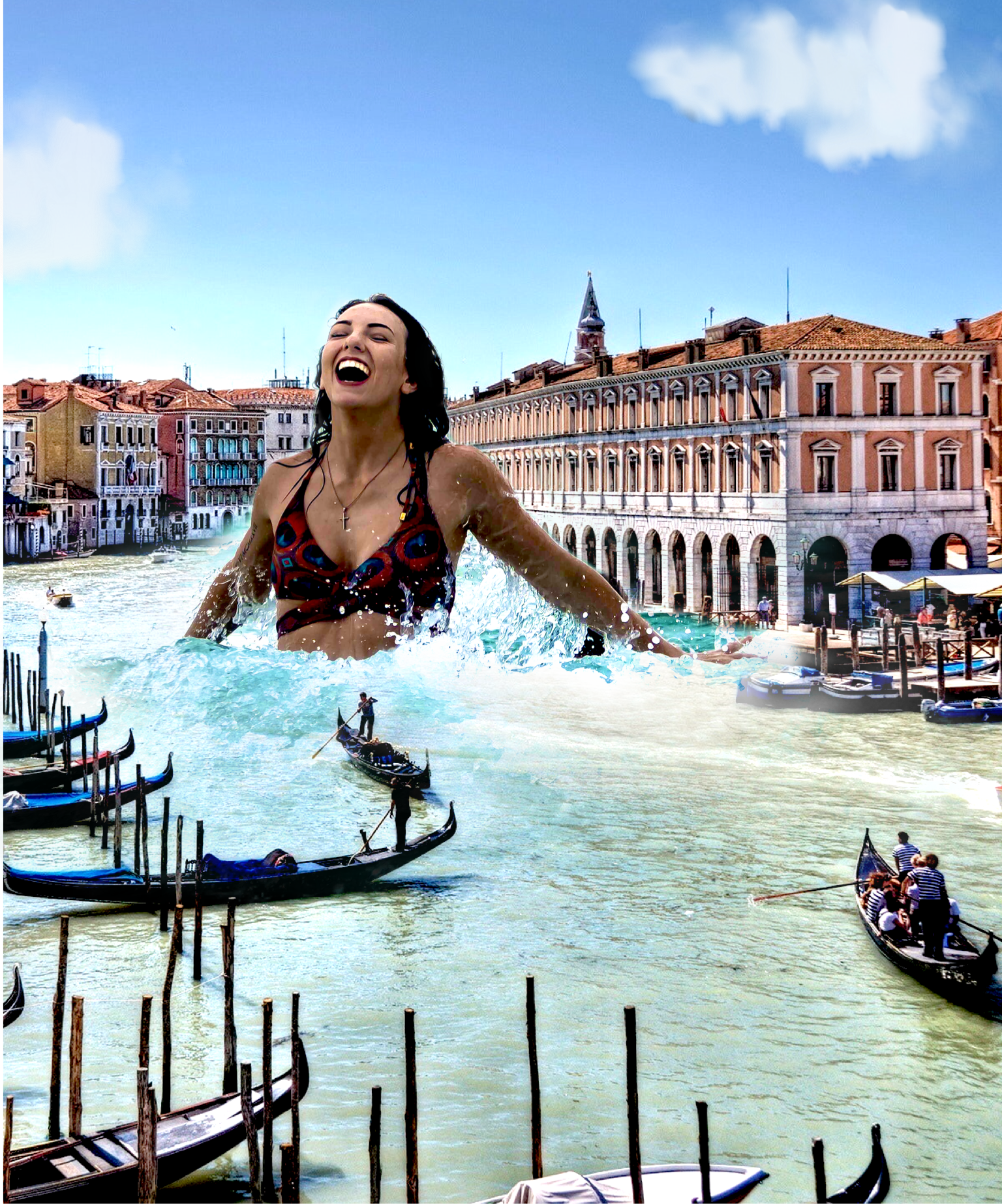 A Woman In A Bikini Jumping Into A Body Of Water Collage Art Template