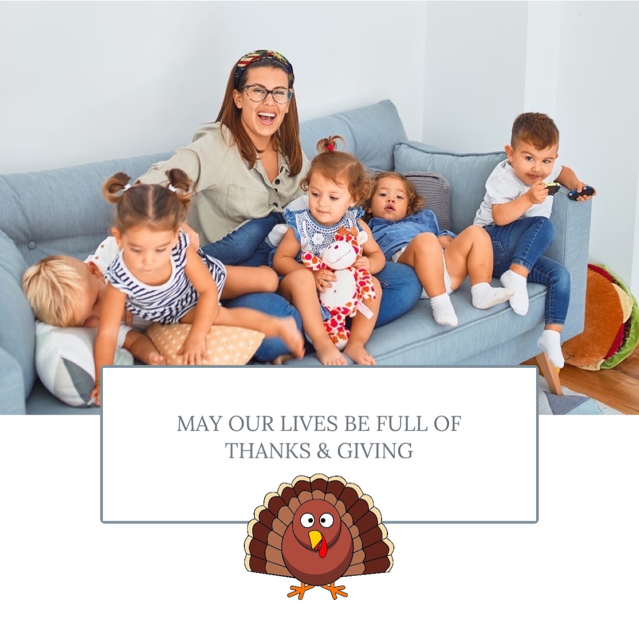 A Woman Sitting On A Couch With A Bunch Of Kids Thanksgiving Template