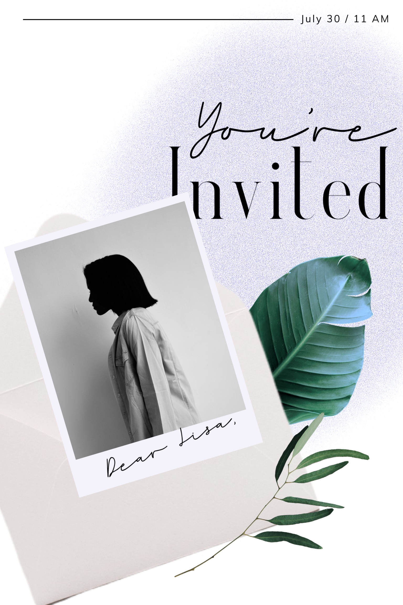 Polaroid picture of a woman and green leaves invitation template