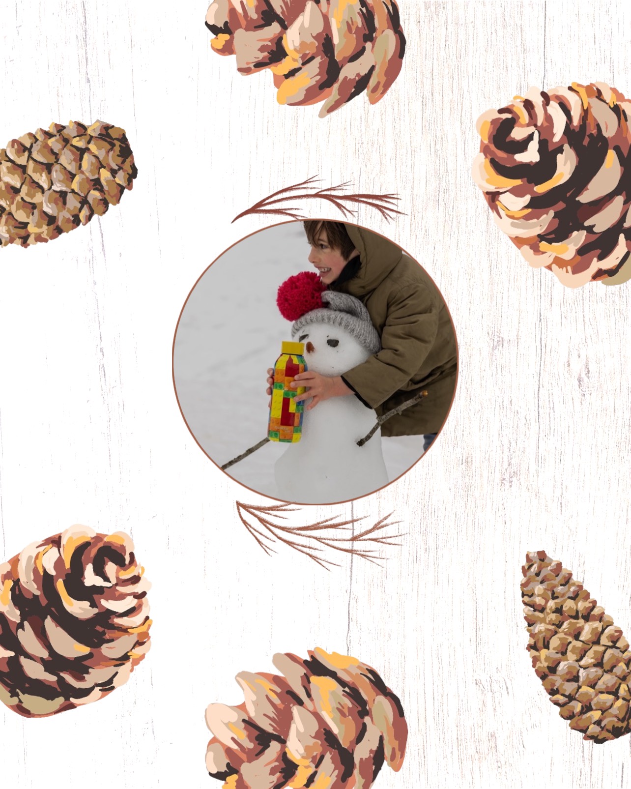 A Person Holding A Stuffed Animal In Front Of Pine Cones Winter Wonderland Template