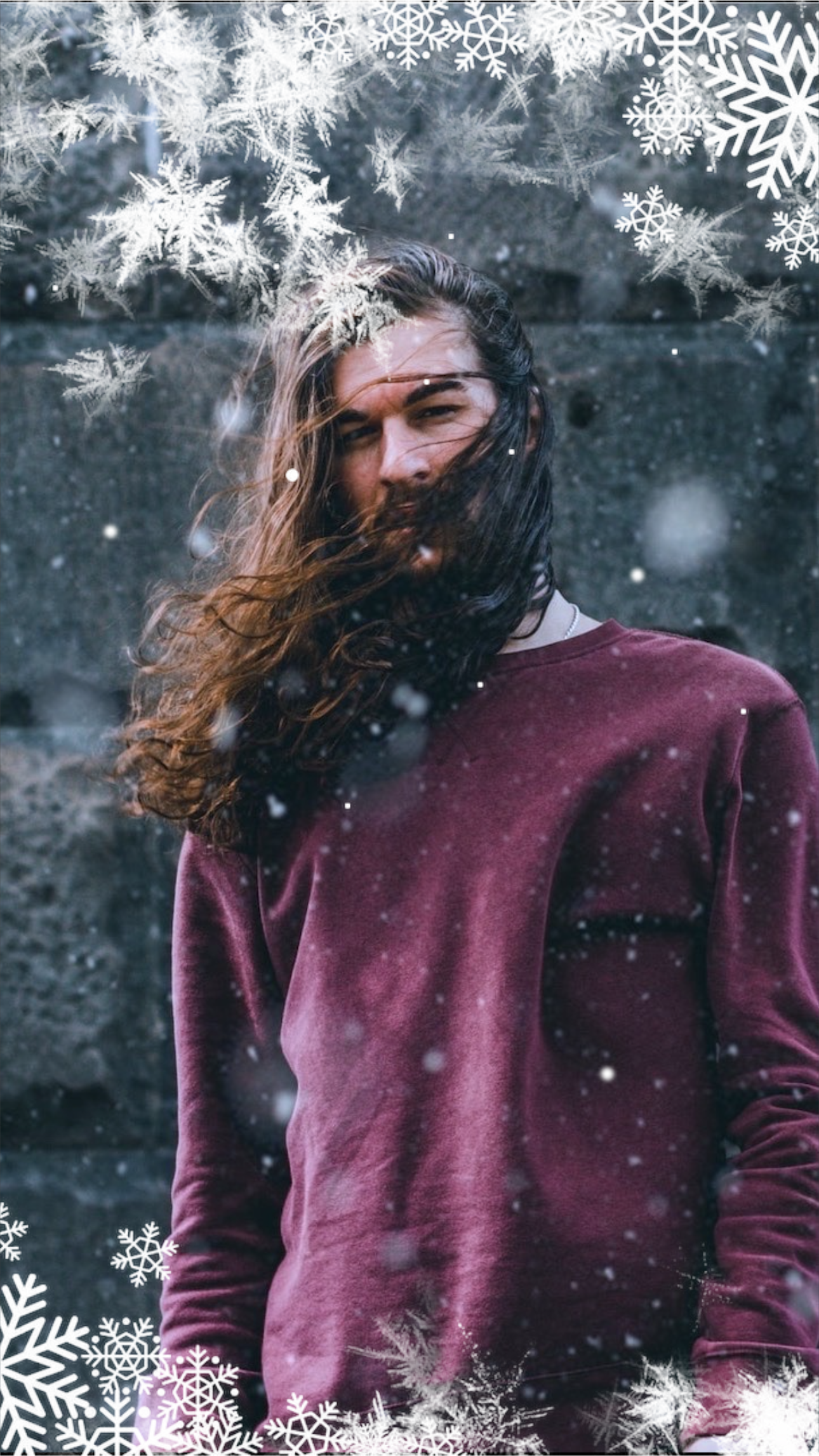 A Man With Long Hair And A Beard Standing In Front Of Snowflakes Winter Story Template