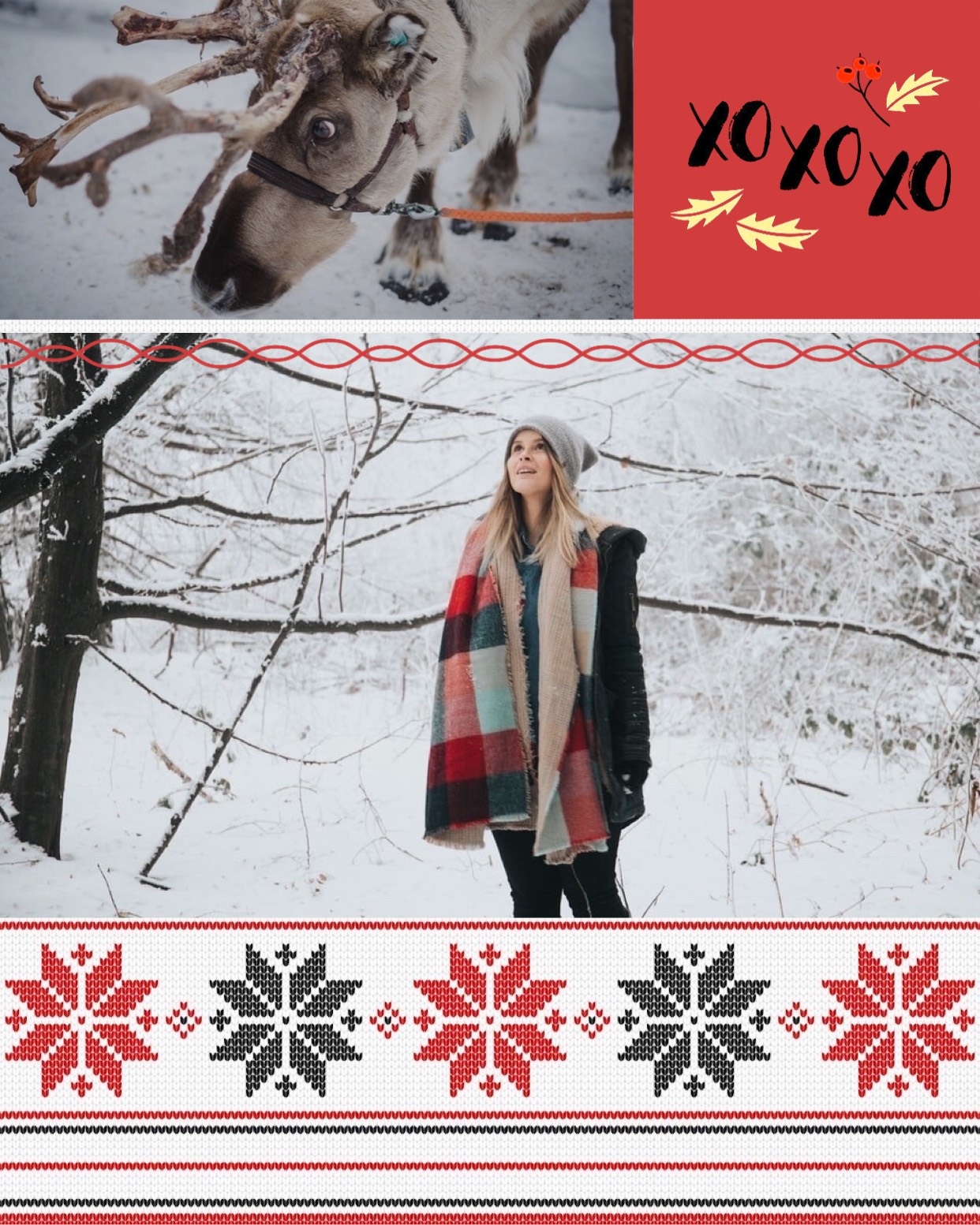 A Woman Standing In The Snow Next To A Reindeer Merry Christmas Template