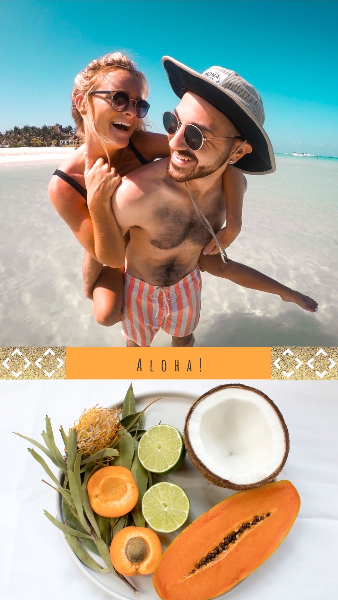 Couple on vacation at the beach with exotic fruits summer story template