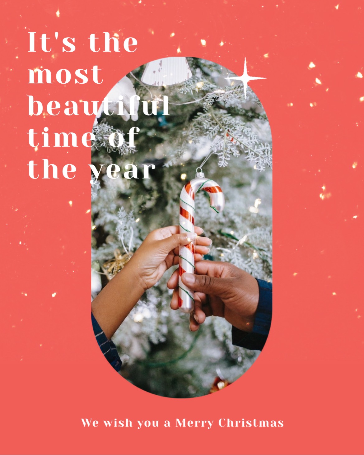 It's the most beautiful time of the year! Hands holding a peppermint candy cane Merry Christmas template