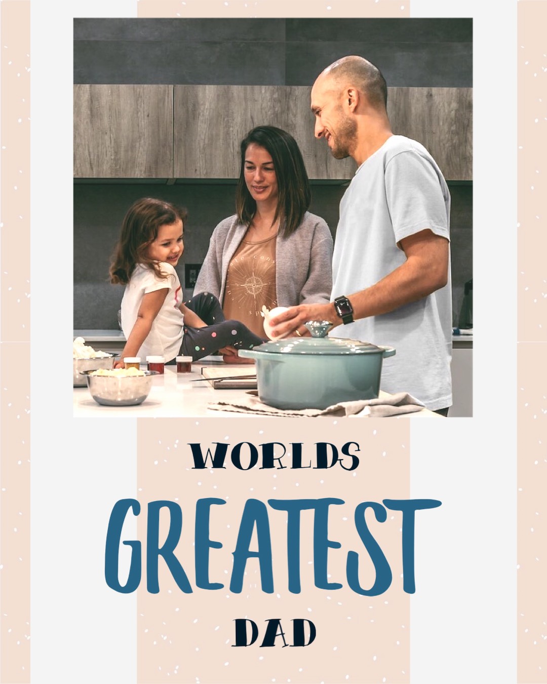 A Man And A Woman Standing In Front Of A Table With A Child Father S Day Template