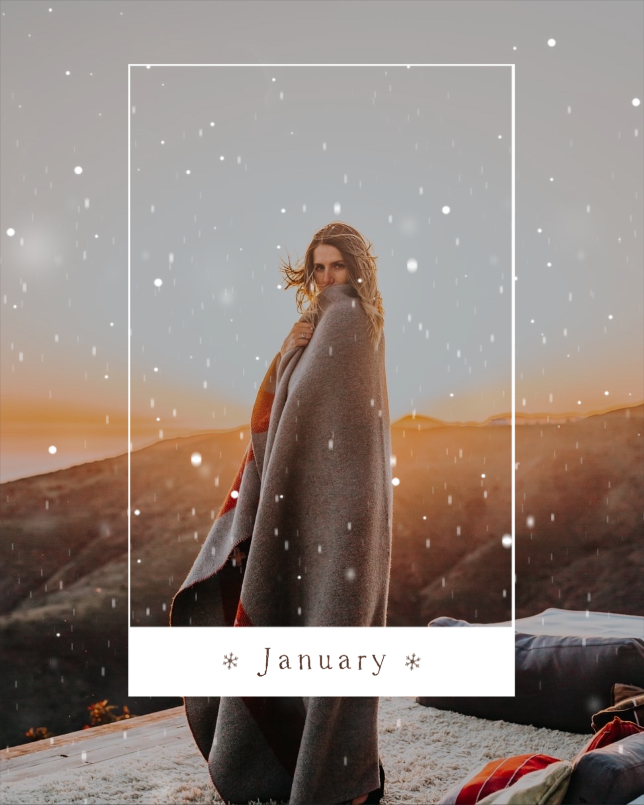 A Woman Wrapped In A Blanket Standing On Top Of A Mountain Winter Wonderland Template