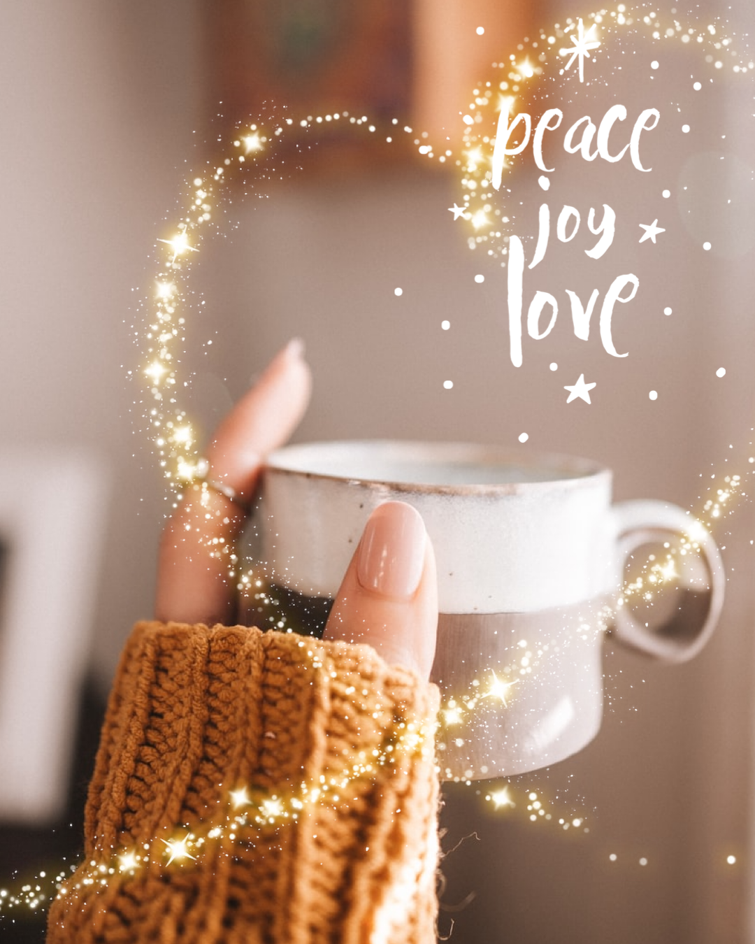 Hand holding a coffee cup with heart shaped gold glitter Merry Christmas template