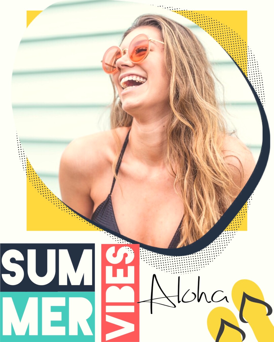 A Woman In A Bikini And Sunglasses Smiling Retro Summer Template