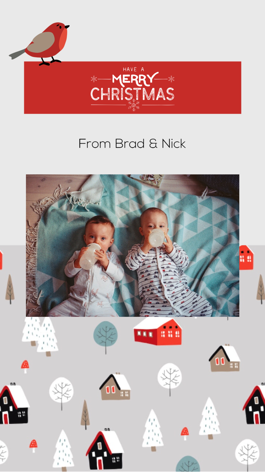 Merry Christmas Card With A Picture Of Two Babies Template