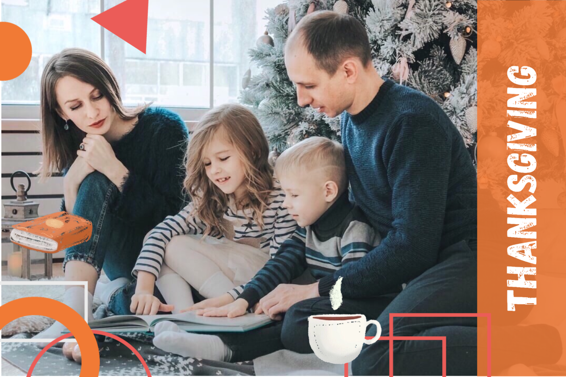 A Family Sitting On A Couch With A Book Thanksgiving Template