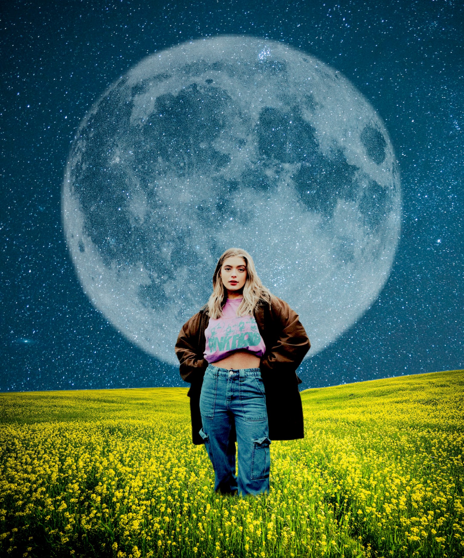 A Woman Standing In A Field With A Full Moon In The Background Collage Art Template