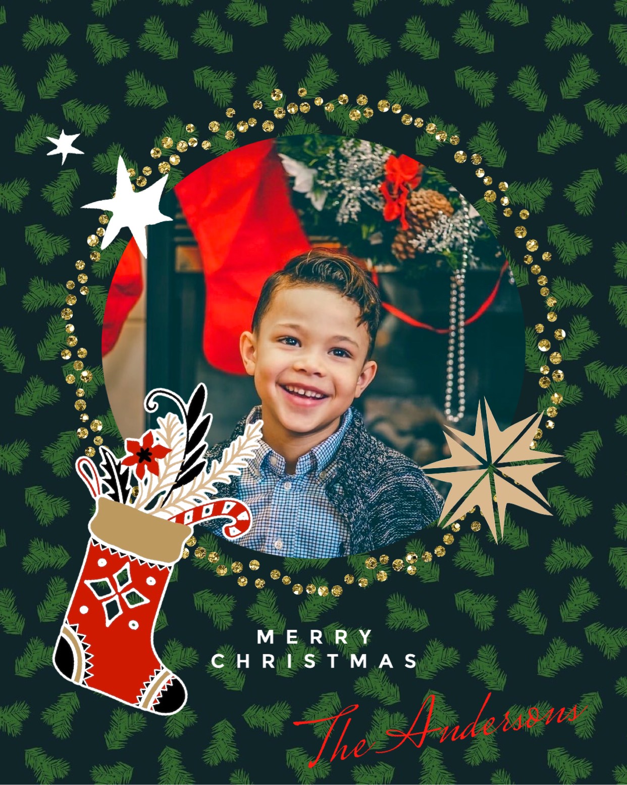 A Christmas Card With A Picture Of A Boy In A Stocking Merry Christmas Template